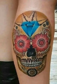 彩色墨西哥风格骷髅与钻石和鲜花纹身图案