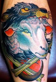腿部彩色羊与狼纹身图案