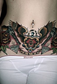 女生腹部性感的彩色玫瑰与鹰纹身图案