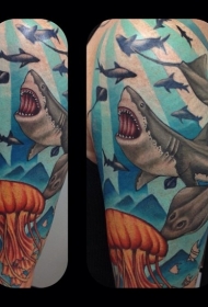 彩色海洋鲨鱼和水母纹身图案