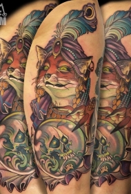 肩部彩绘狐狸型女巫与骷髅纹身图案