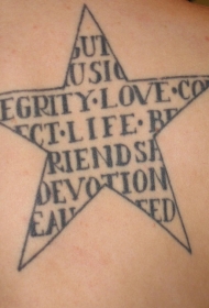 肩部五角星与英文字母纹身图案