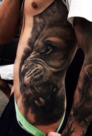 腰侧现实主义风格的大狮子和狼纹身图案