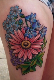 大腿上的彩色雏菊花纹身图案