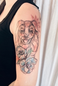 大臂素描风格彩色可爱的狗花朵纹身图案