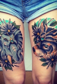 大腿狗和大象不可思议的五彩纹身图案