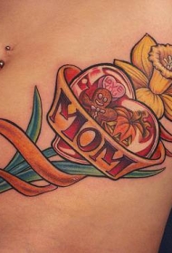 腰部彩色黄花与爱妈妈纹身图案