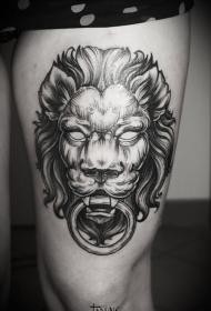 大腿中国风狮形门敲纹身图案