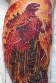 小腿漫画风邪恶的哥斯拉在城市纹身图案