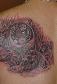 男士背部老虎一家人纹身图案