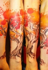 手臂水彩可爱的大树纹身图案