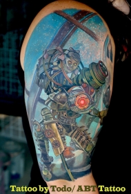 大臂彩色肩娃娃与机器人纹身图案