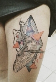 腿部彩色简单的几何风格鲸鱼纹身图案