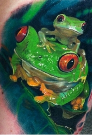 腿部逼真的水彩绿色青蛙纹身图案