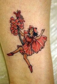 腿纹部彩色奔跑的女孩与花纹身图案