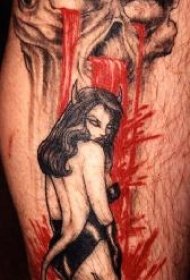 腿部彩色恶魔女孩头盖骨和血纹身