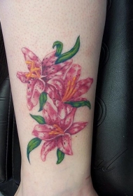 腿部彩色粉红百合花纹身图案