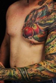 半甲花臂插画风格彩色邪恶的蛇与红苹果纹身图案