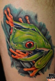 腿部水彩色逼真的树蛙纹身图案