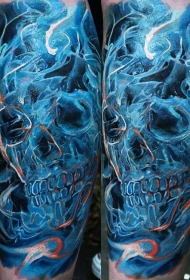 小腿彩色神秘的烟雾骷髅纹身图案