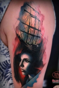 复古风格彩色女性肖像与帆船纹身图案