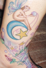 腿部卡通童话精灵玫瑰月亮星星纹身图案