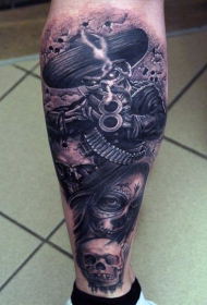 小腿墨西哥风骷髅士兵纹身图案