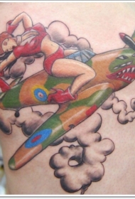 腿部彩色女飞行员骑飞机纹身图案