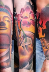 手臂插画风格的彩色如来佛祖雕像纹身