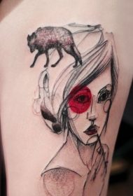 钢笔画风格彩色女生肖像和狼剪影纹身图案