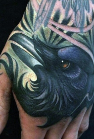 手背华丽绘逼真彩色乌鸦头纹身图案