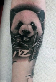 手臂黑白色逼真的熊猫吃竹子纹身图片