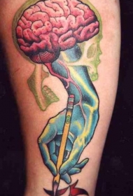 腿部彩色人手与脑花纹身图案