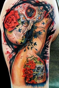 肩部彩色墨西哥骷髅女孩纹身图案