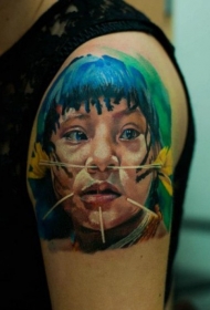 大臂惊艳的部落女孩肖像纹身图案