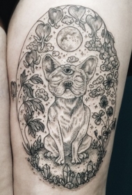 大腿神秘有趣的狗与各种植物纹身图案