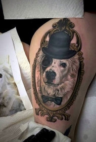 大腿写实彩色绅士狗肖像纹身图案