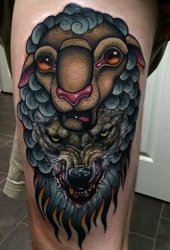 大腿现代风格彩色邪恶狼与羊纹身图案