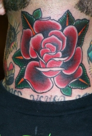 颈部school红玫瑰与绿叶纹身图案