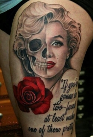 大腿梦露脸部与骷髅结合玫瑰字母纹身图案