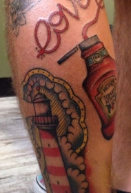 小腿school番茄酱瓶与灯塔字母纹身图案