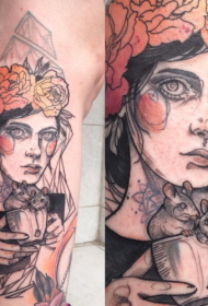 小腿素描风格彩色戴花朵女性和老鼠纹身图案
