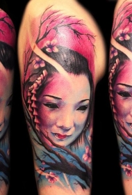 肩部现实主义风格的彩色艺妓纹身图案