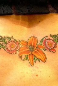 腰背彩色如画的花与植物纹身图案