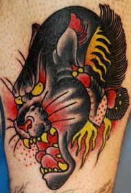 腿部彩色传统的豹头纹身图案
