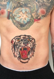 腹部老派风格的彩色狮子头纹身