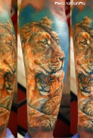 小臂现实主义风格的彩色狮子家庭纹身图案