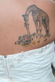 背部彩色两个长颈鹿纹身图案