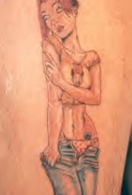 腿部彩色现代女孩纹身图案