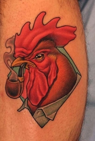 抽烟的公鸡彩色纹身图案